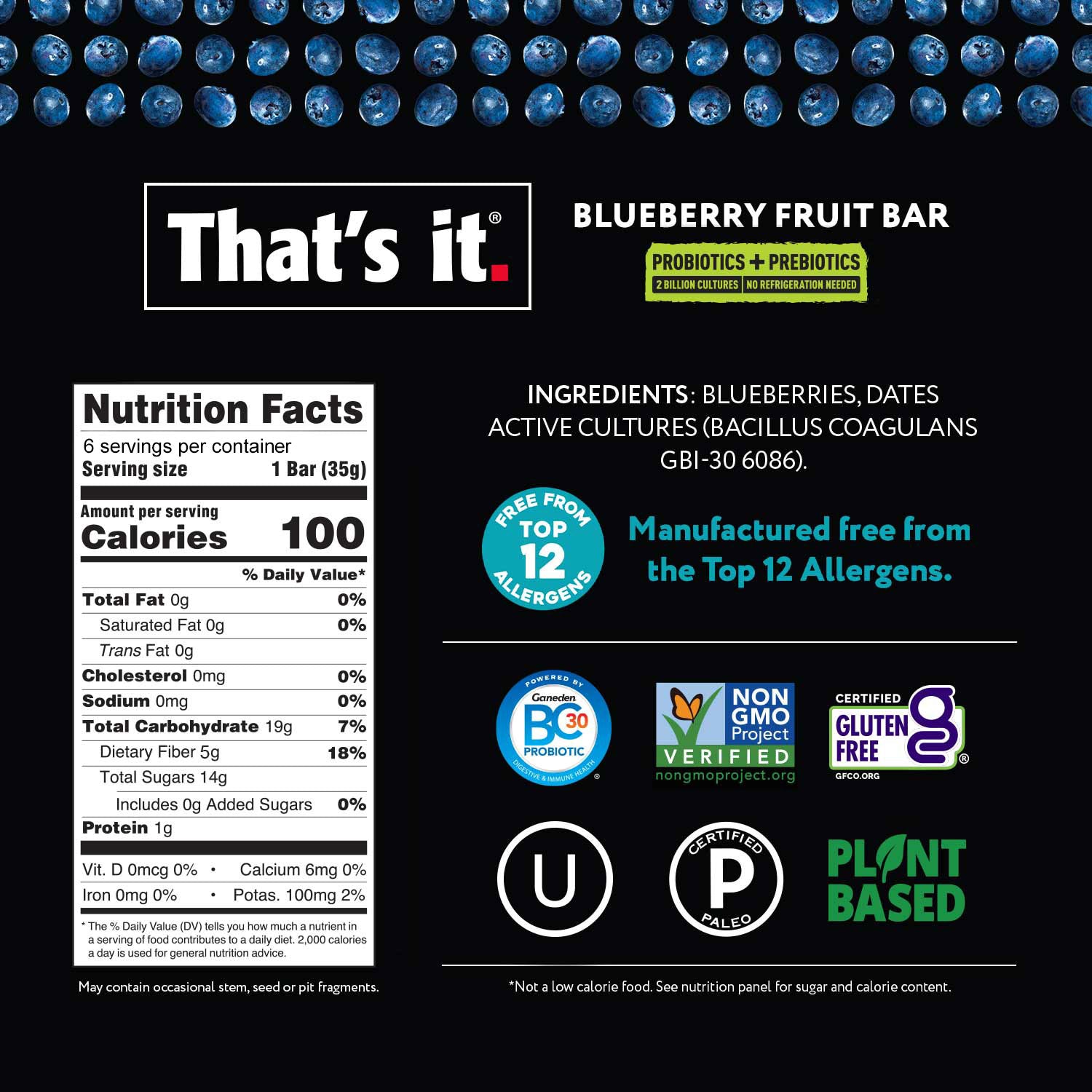 Probiotic Fruit Bar Variety Pack - Blueberry & Mango (12 Bars)