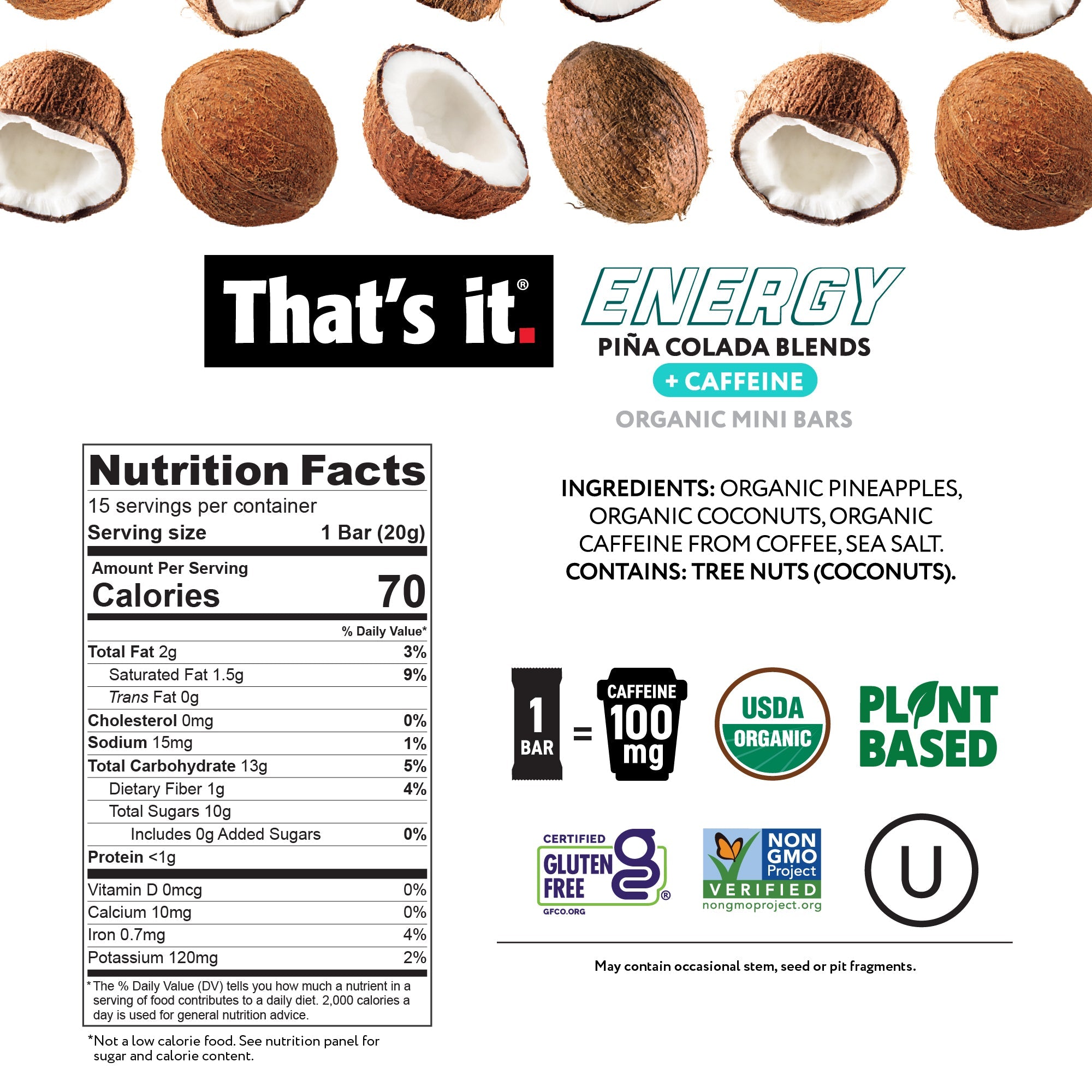 Piña Colada Blends Organic Energy Mini Bars 100mg