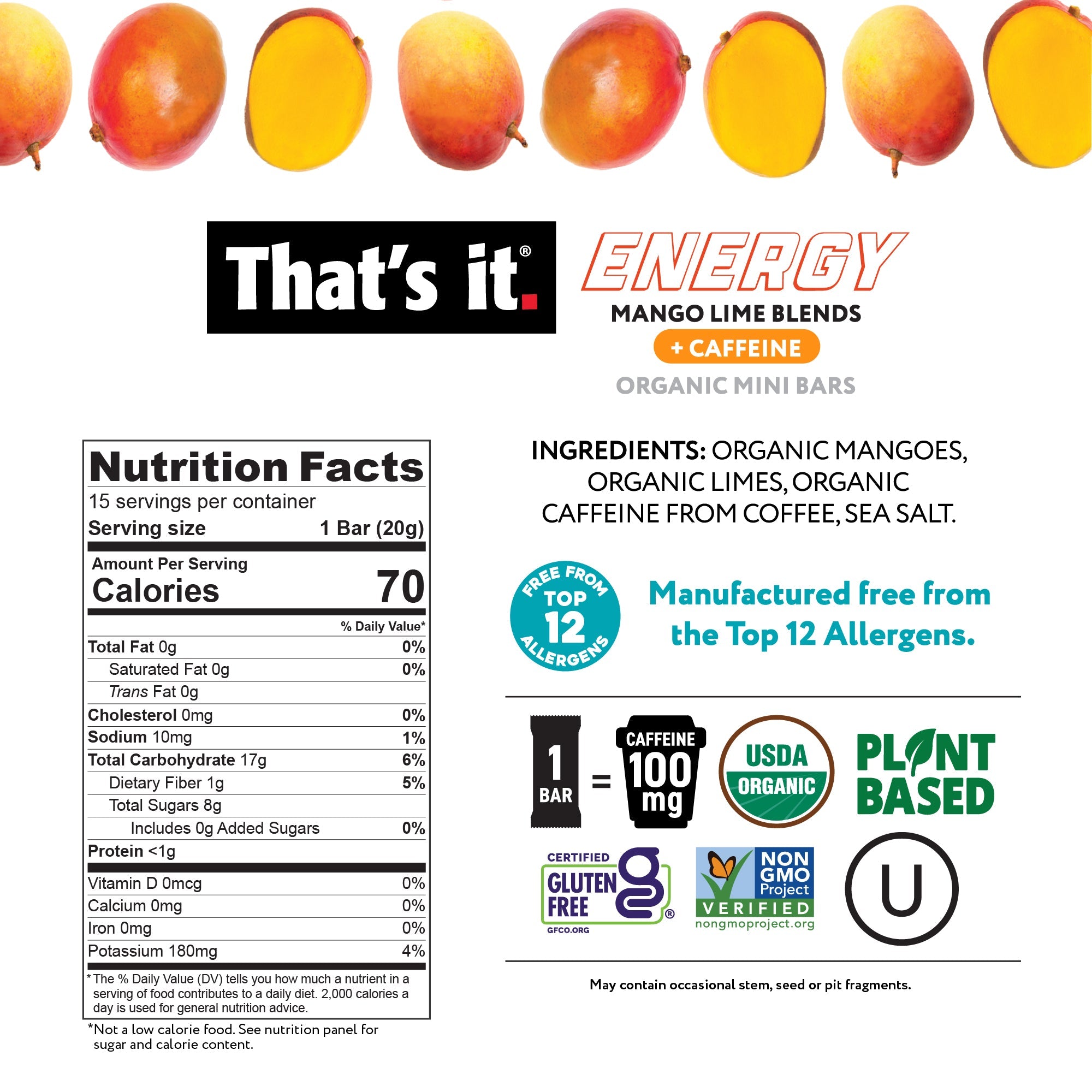 Organic Energy Minis Variety Pack 100mg - Mango Lime, Piña Colada & Tropical Passion (18 Bars)