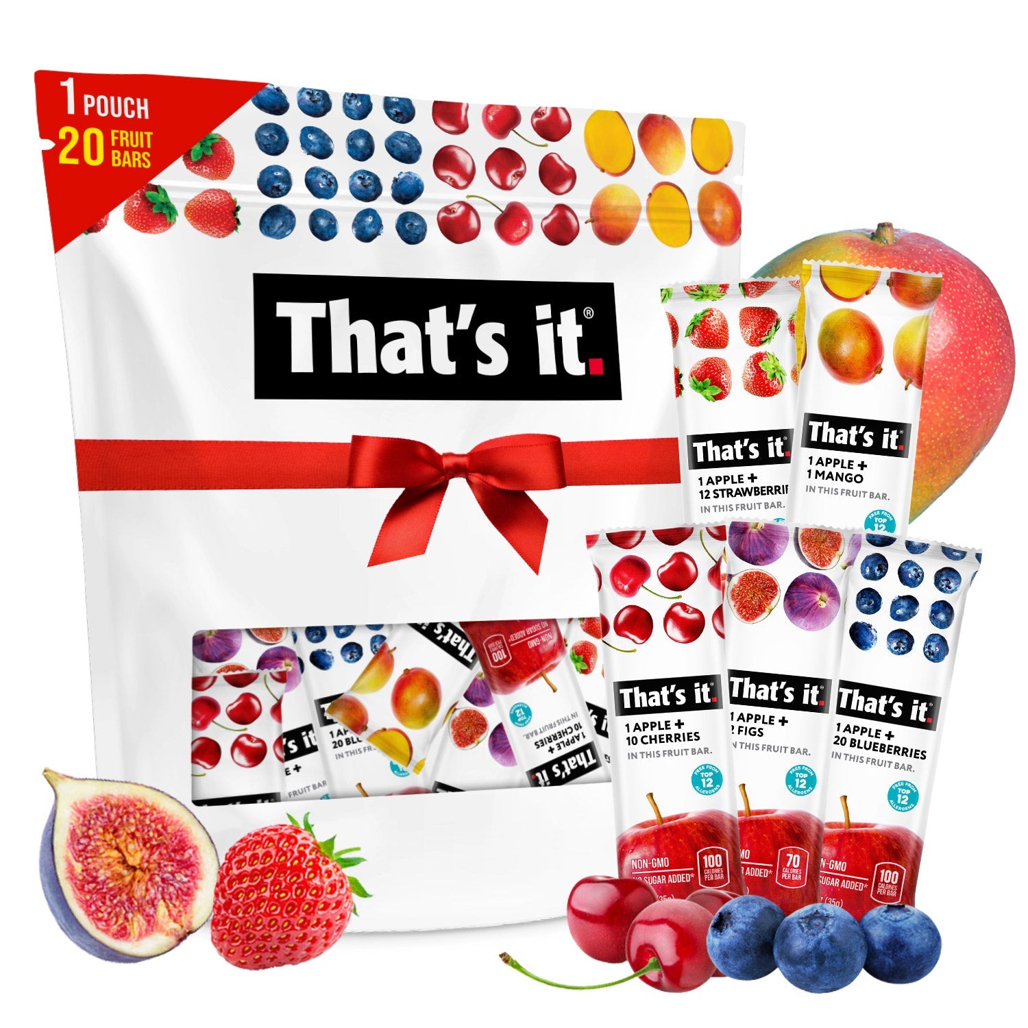 Best Sellers Fruit Bar Variety Pack - Blueberry, Cherry, Fig, Mango & Strawberry (20 Bars)