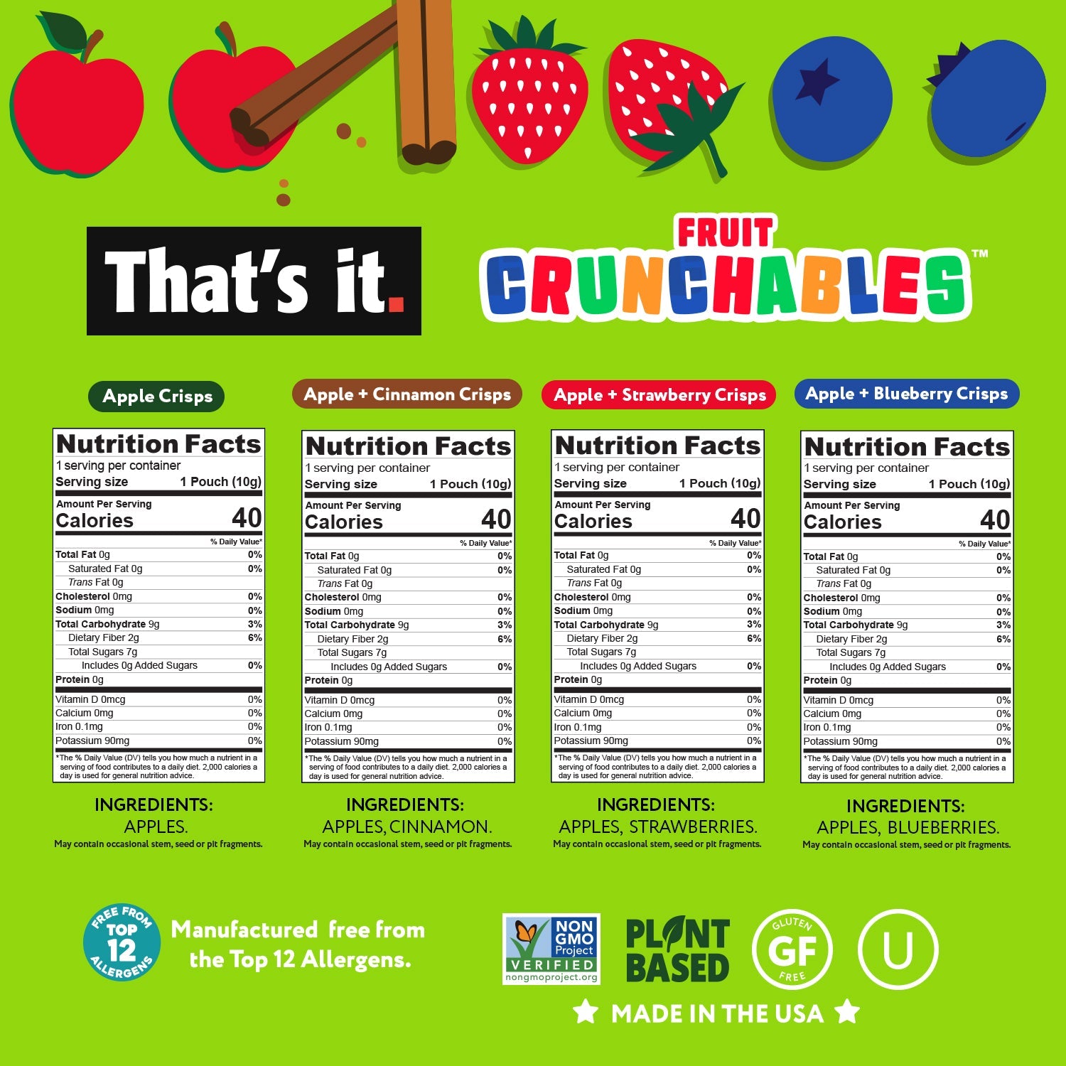 Fruit Crunchables Apple Crisps Variety Pack Bundle Box - Apple, Blueberry, Cinnamon & Strawberry (32 Packs)