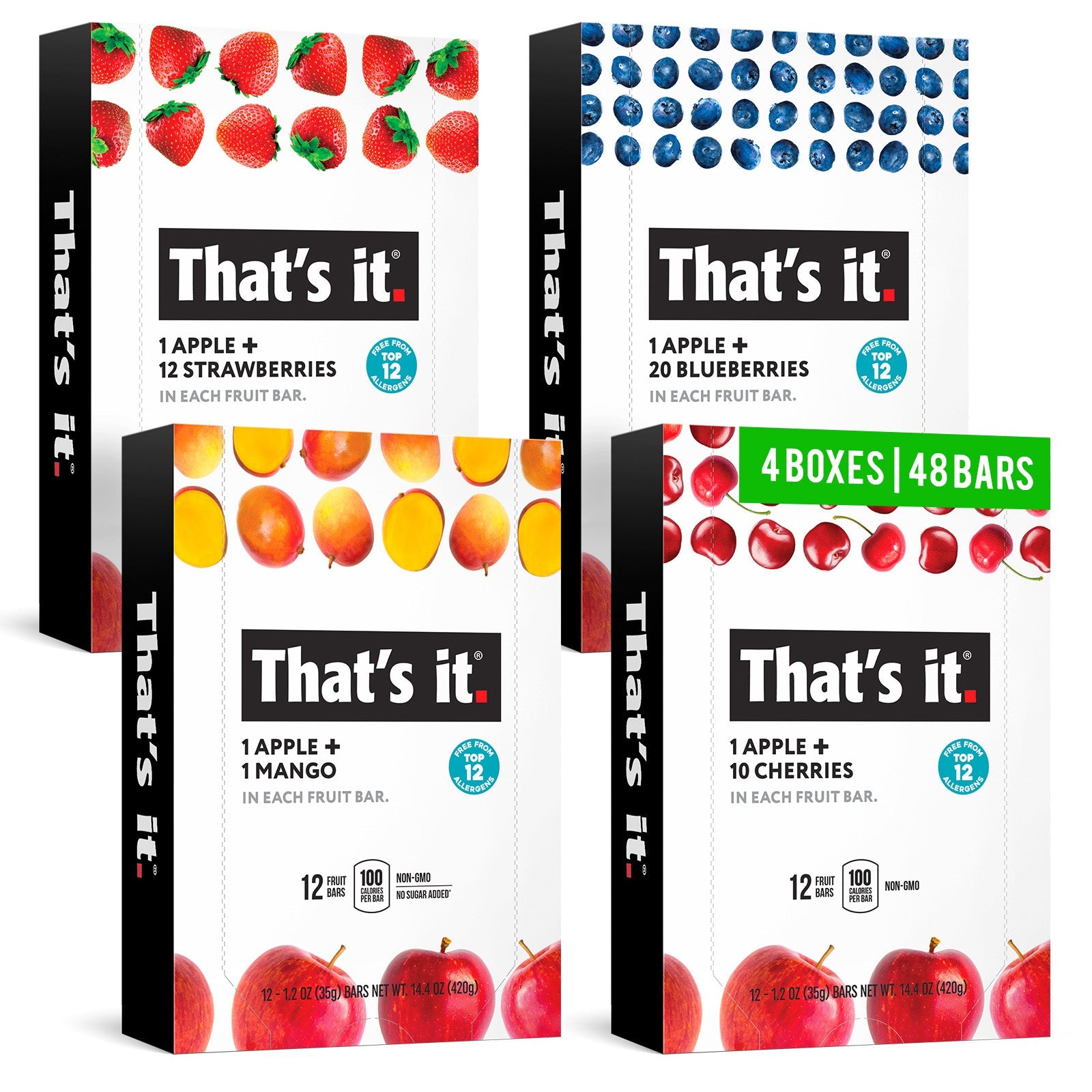 Best Sellers Fruit Bar Variety Pack - Blueberry, Cherry, Mango & Strawberry (48 Bars)