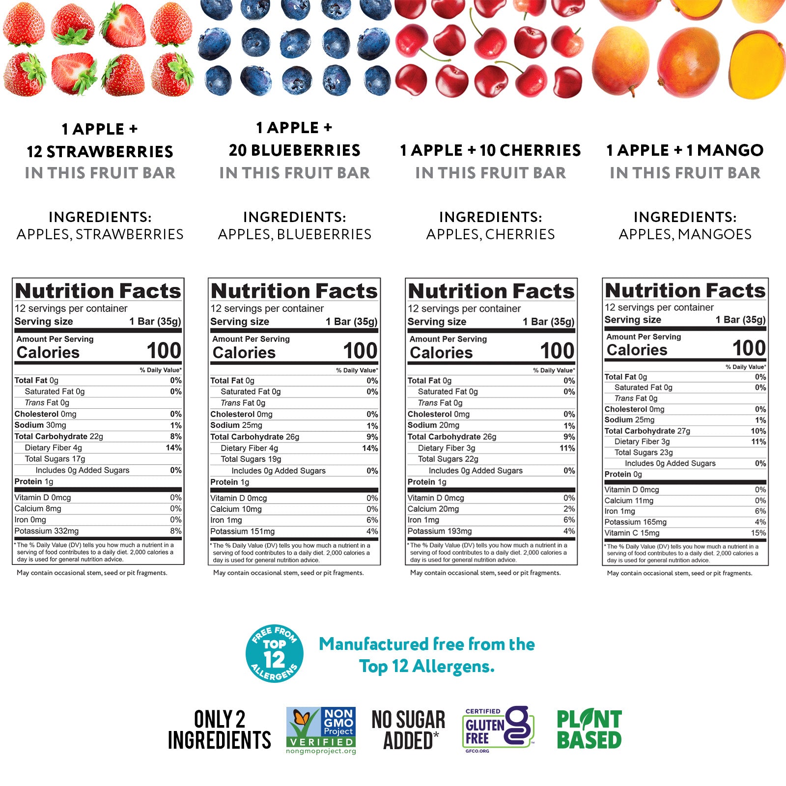 Best Sellers Fruit Bar Variety Pack - Blueberry, Cherry, Mango & Strawberry (48 Bars)